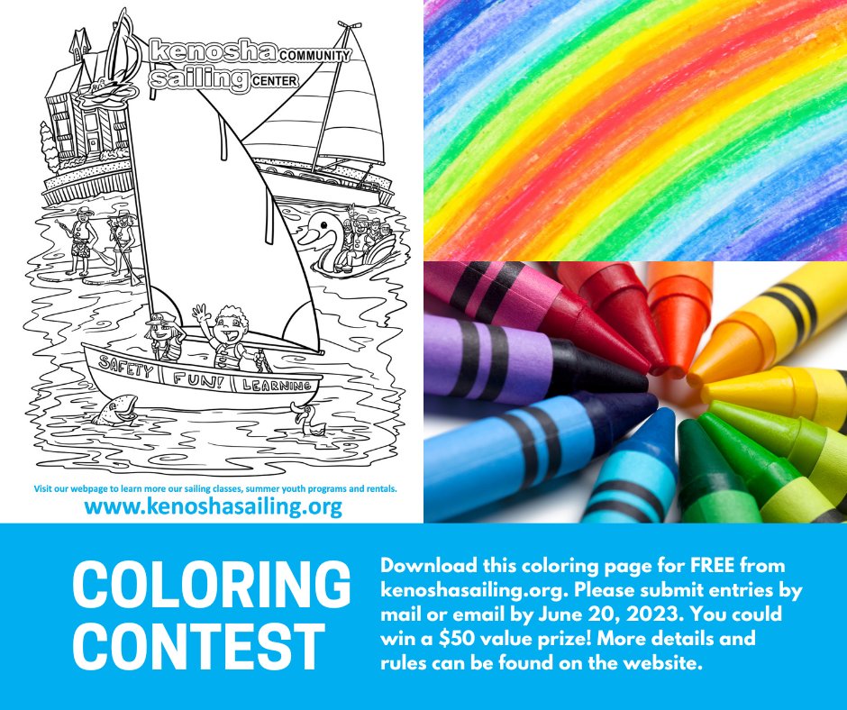 Our annual all-ages National Water Safety Month Coloring Contest has begun! You could win a basket of water toys and a gift certificate for KCSC. Please submit your artwork by mail/email by June 30 &amp; check our website for further instructions.

#kenoshasailing #coloringcontest