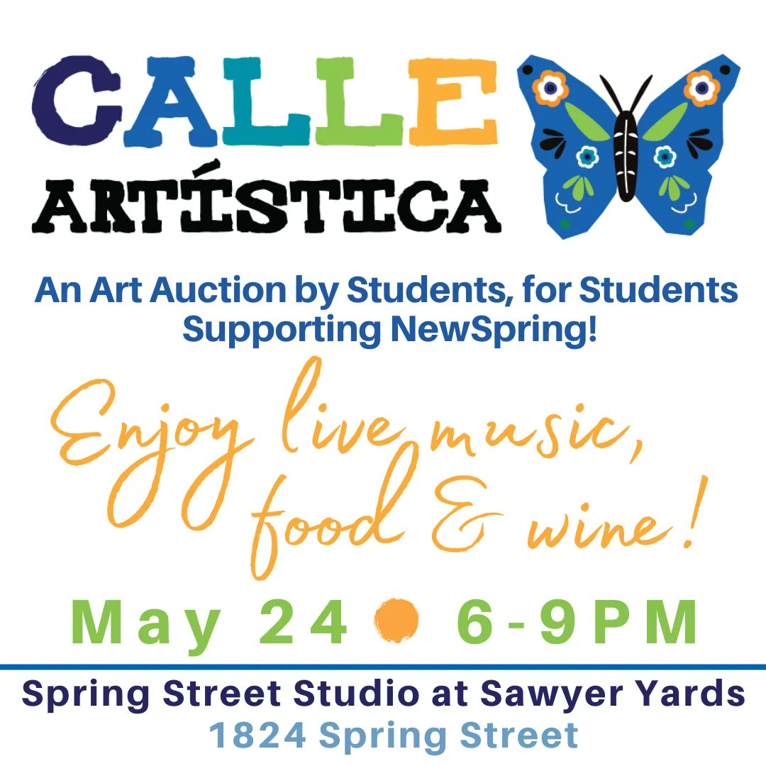 Join us on May 24th from 6-9 pm at Spring Street Studios for Calle Artística, NewSpring's fundraiser, an Art Auction by Students, for Students! We're looking for sponsors to make this event a success and contribute to the future of our youth. DM us for more information.