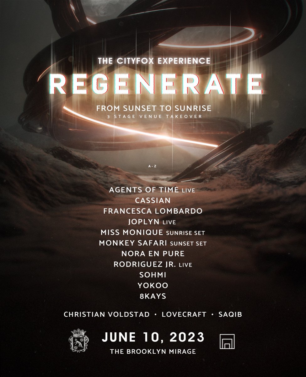 Journey from sunset to sunrise at Cityfox: Regenerate for a 3-stage venue takeover at the @BrooklynMirage on June 10th.⁠ ⁠ Presale begins this Friday 5/5 at 11am, sign up for access now → bit.ly/cityfoxregener…