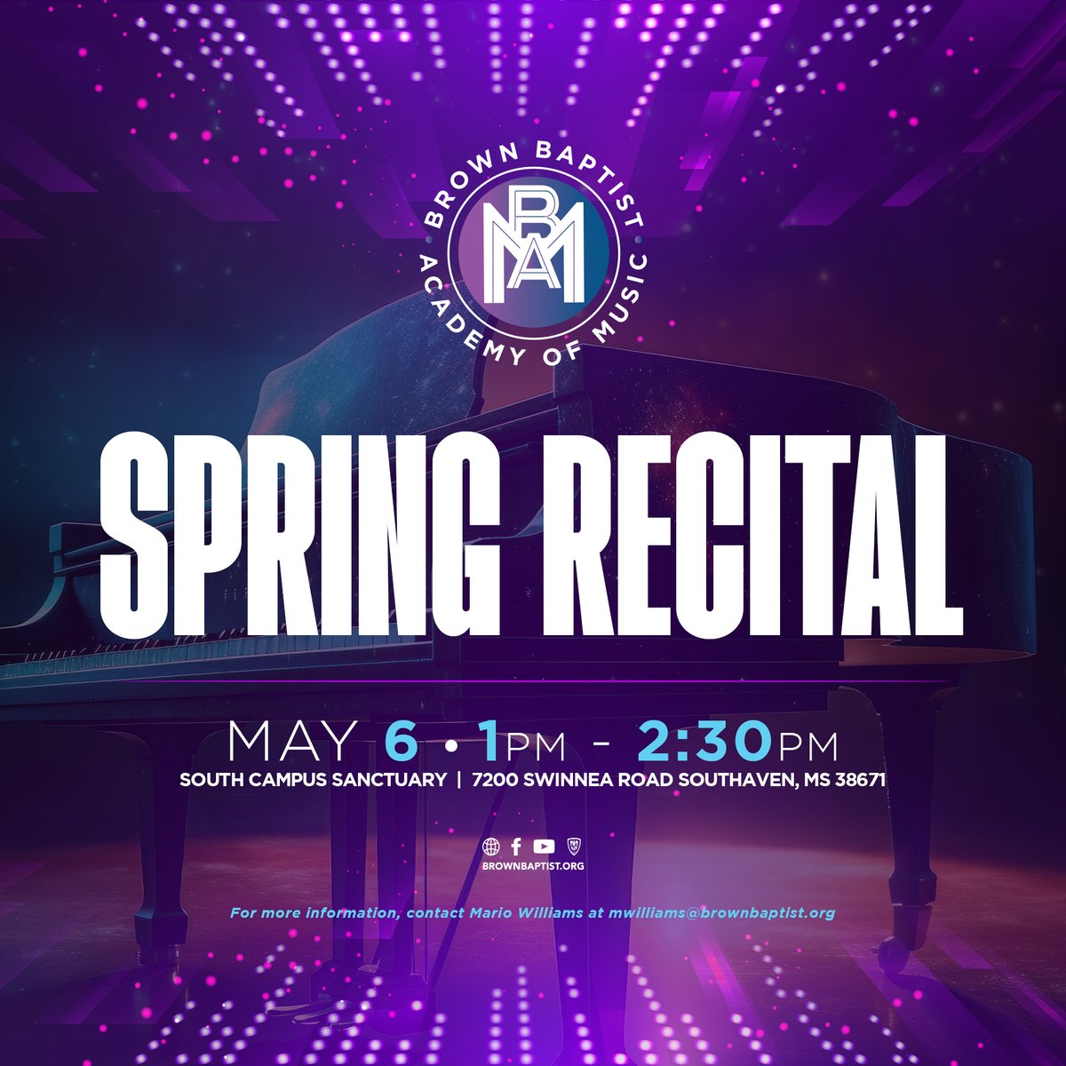BrownBaptist's tweet photo. Help us cheer our youth on with The Brown Academy of Music for their Spring Recital THIS SATURDAY, May 6th! 💙

#BrownBaptist #YearOfHousing #SpringRecital #Recitals #BrownAcademyOfMusic #Youth #BMBC #Music https://t.co/nae8wD3VpT
