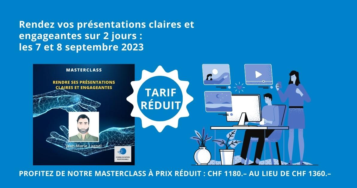 Découvrez notre nouvelle masterclass « Rendre ses présentations claires et engageantes » au prix de CHF 1180.- au lieu de CHF 1360.-😃

📅Offre valable jusqu'au 17 mai 2023!

Inscrivez-vous sans plus tarder 👉cfjm.ch/produit/rendre…