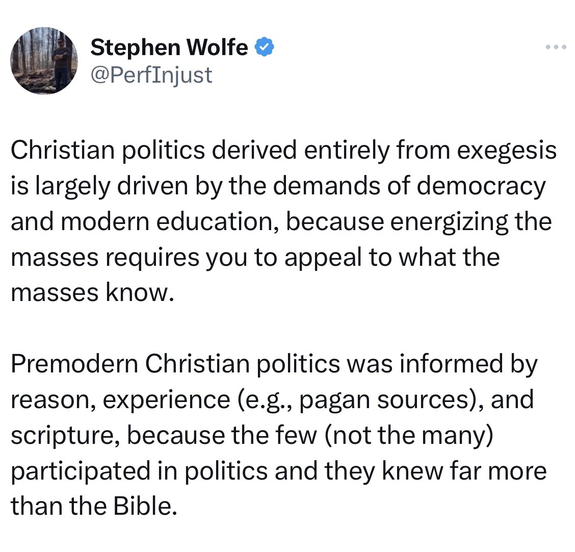 TheonomyTweets's tweet photo. “They knew far more than the Bible”.

Could it be possible that “premodern Christian politics” *elevated* “reason” and experience ABOVE scripture? Give me biblical exegesis over men who are too busy swooning over Greco/Roman pagans to pay attention to Moses.

RetUrn to SCRIPTURE. https://t.co/JQKDk84owV
