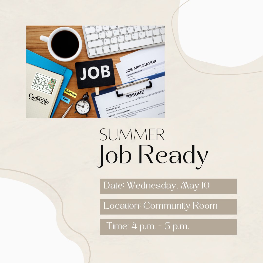 camarillolib's tweet photo. Make sure you're ready for the right summer job opportunity.  Learn about library resources to help improve your résumé and job search.

The RFBC sponsors this program.

Date/Time: Wednesday, May 10 / 4 p.m.
Location: Community Room

#RFBC #SummerJob #library https://t.co/Yahiehfmxa