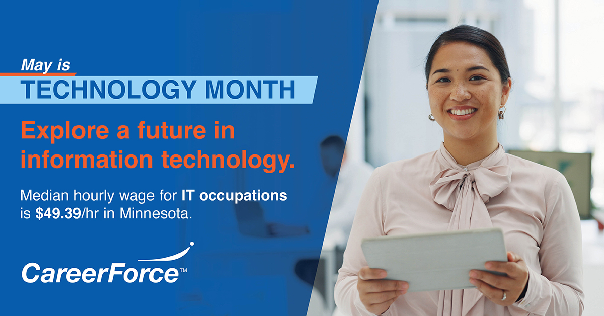 careerforcemn's tweet image. Did you know that the median hourly wage for people working in Information Technology occupations is $49.39 in MN? View CareerForce Tech Month resources to learn more! bit.ly/426Fstx

 #TechMonthMN