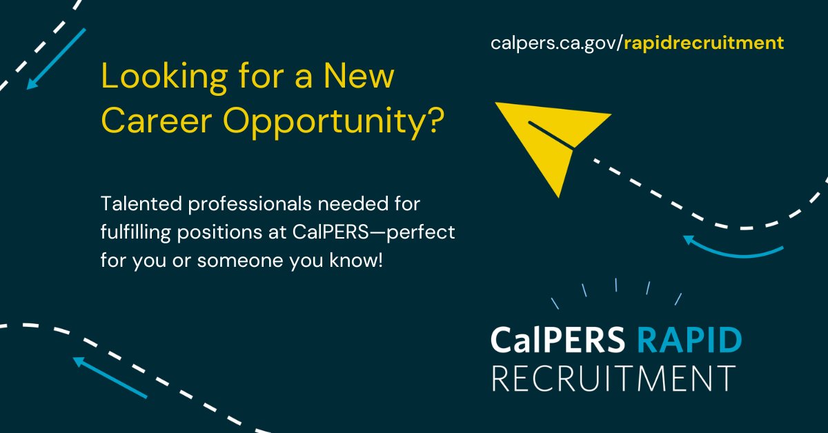 CalPERS's tweet photo. Seeking a high-quality career? Weβre hiring! We have more than 100 priority vacancies ready to be filled by talented professionals like you. Interviews will be held beginning 5/8/2023. Apply by: 5/5/2023: https://t.co/dqZ4fXlawt.
#WorkForCalifornia #Work4CA https://t.co/qZnQRJvQ9A
