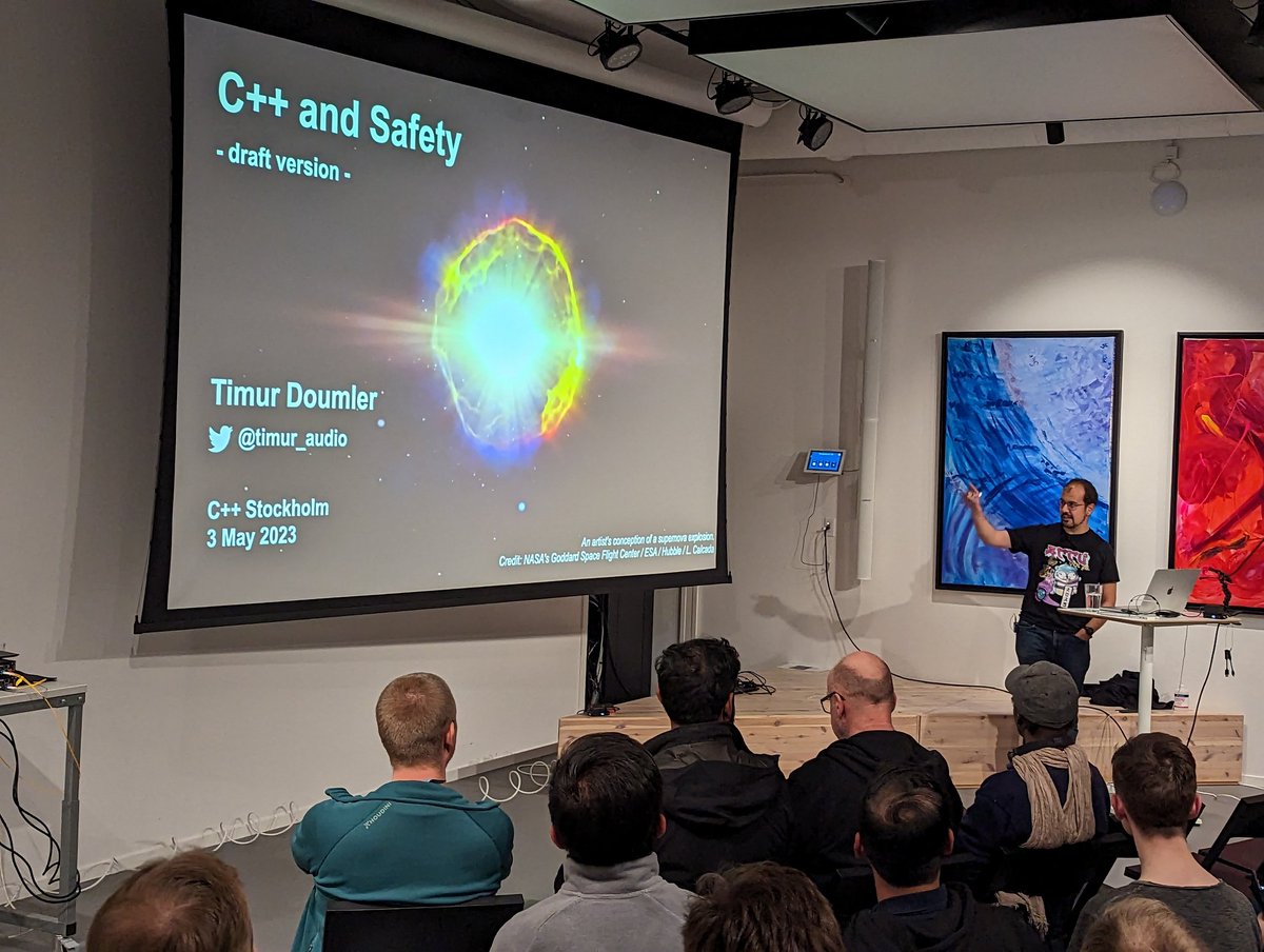 StockholmCpp's tweet image. Today&apos;s main attraction, @timur_audio on &quot;C++ and Safety&quot;, kindly hosted by sponsor @NetInsight.