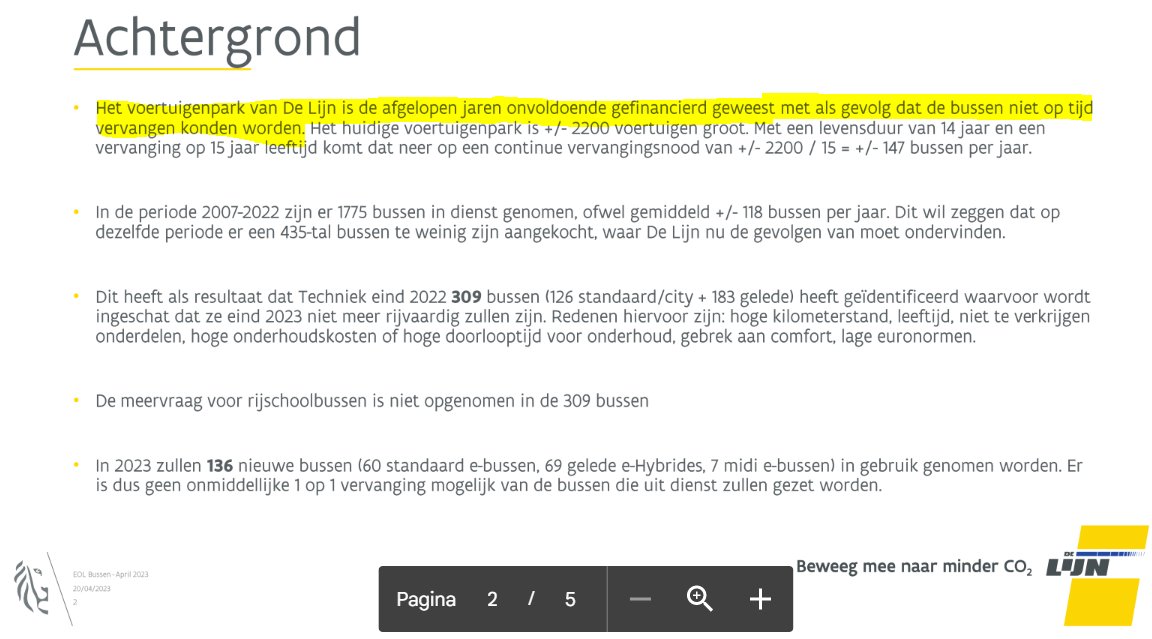 salideville's tweet photo. Minister @LydiaPeeters deed vandaag de bewering van @ERobeyns dat De Lijn eraan denkt 2ehands dieselbussen te kopen af als "een kwakkel". 

Deze presentatie aan de RvB zegt genoeg. Jarenlange onderfinanciering, aankopen 2ehands dieselbussen en verlagen aanbod staan zwart op wit👇 https://t.co/83kcDQ9yVp