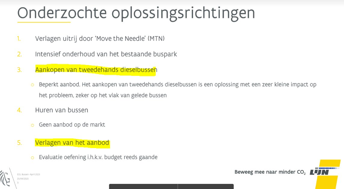 Minister <a href="/LydiaPeeters/">Lydia Peeters</a> deed vandaag de bewering van <a href="/ERobeyns/">Els Robeyns</a> dat De Lijn eraan denkt 2ehands dieselbussen te kopen af als "een kwakkel". 

Deze presentatie aan de RvB zegt genoeg. Jarenlange onderfinanciering, aankopen 2ehands dieselbussen en verlagen aanbod staan zwart op wit👇