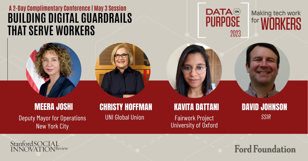 SSIReview's tweet photo. Next at #DataOnPurpose: Digital Guardrails: What regulations are needed to protect workers? A discussion with @MeeraCJoshi (@NYCMayorsOffice), @KavitaDattani (@TowardsFairWork), @CHoffmanUNI (@uniglobalunion), moderated by David Johnson.
Join us! https://t.co/Gg60S7LwiP https://t.co/YpmqKy6i72
