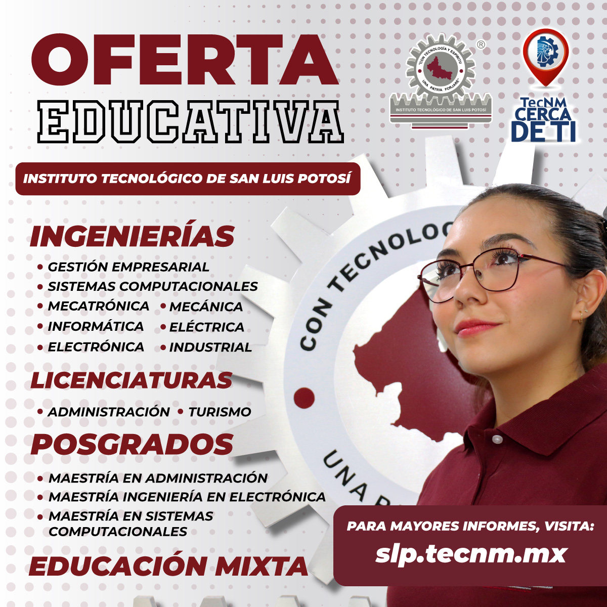 #TecNMCercaDeTi
Conoce la oferta académica que el #TecNM campus San Luis Potosí tiene para ti.

Sé parte de nuestra #ComunidadTecNM y de la comunidad #Ardillas.

Revisa la información en la página web 
👉 bit.ly/3npzo03

#SomosTecNM #Admisiones2023