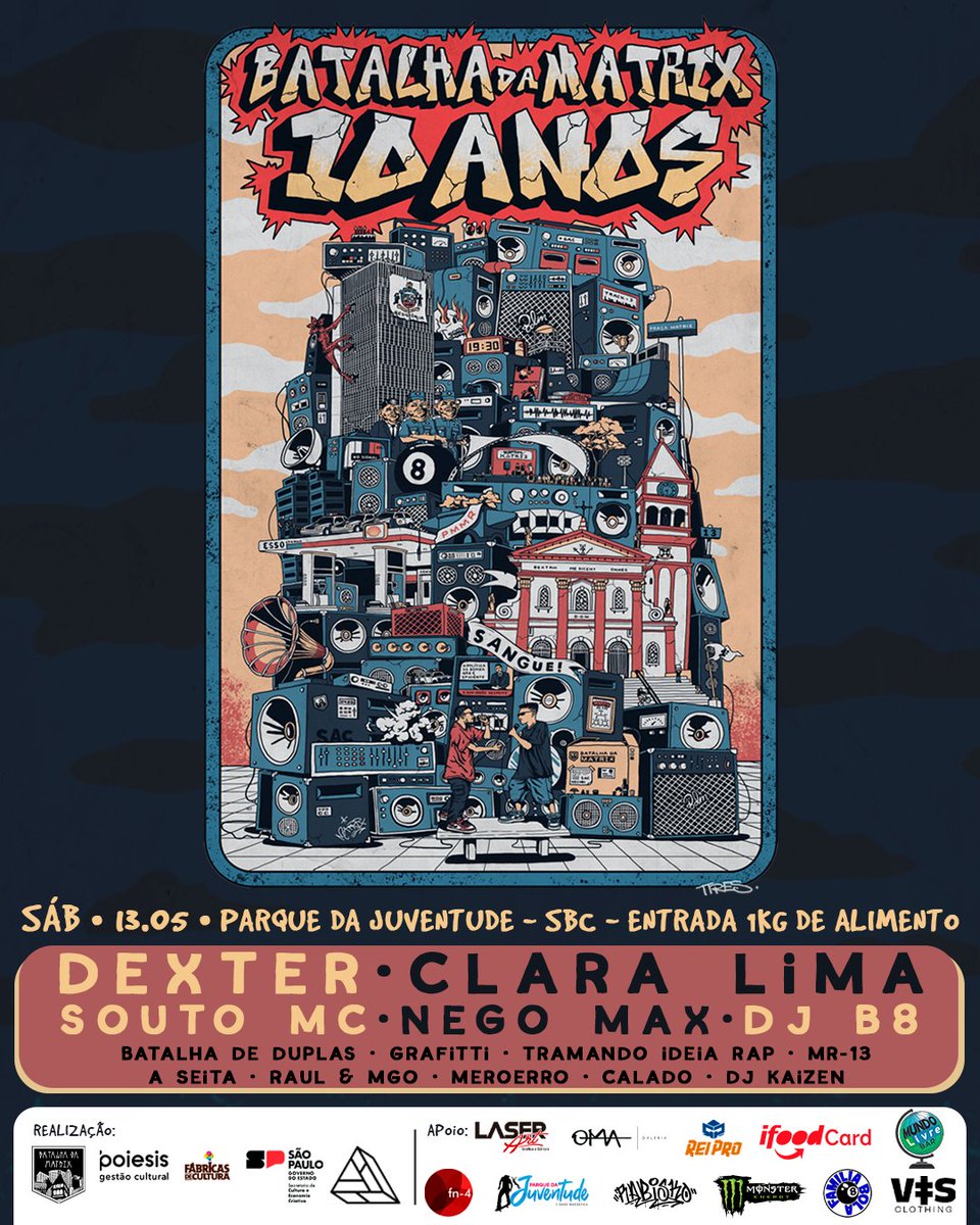 Compartilha, família! 
Vai perder esse dia histórico?! 🥵 

13/05/2023 - SÁBADO - 13H 
PARQUE DA JUVENTUDE - SBC 
ENTRADA 1KG ALIMENTO