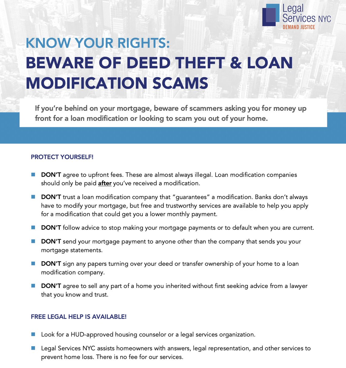 LSNYCnews's tweet photo. While we wait for New York's homeowner protections to improve, homeowners can keep themselves safe from scammers by reviewing LSNYC's Deed Theft Know Your Rights' guide. https://t.co/UbMo4k8PoV https://t.co/0rbAqV4clT