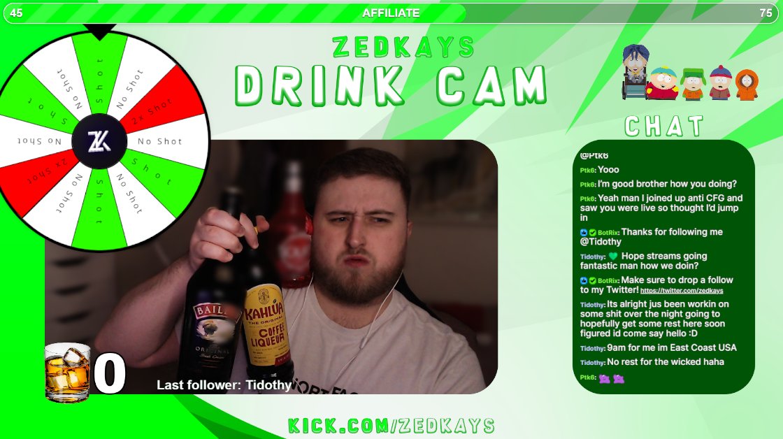 Who's ready for a drinking stream with myself and <a href="/x59th/">Lewis</a>?!

We will be doing a shot for:

Every shot we hit
Every near hit

We also have a wheel spin for the end of each game which will decide if we do a shot.

Stream will be live at 7:30pm!

kick.com/zedkays