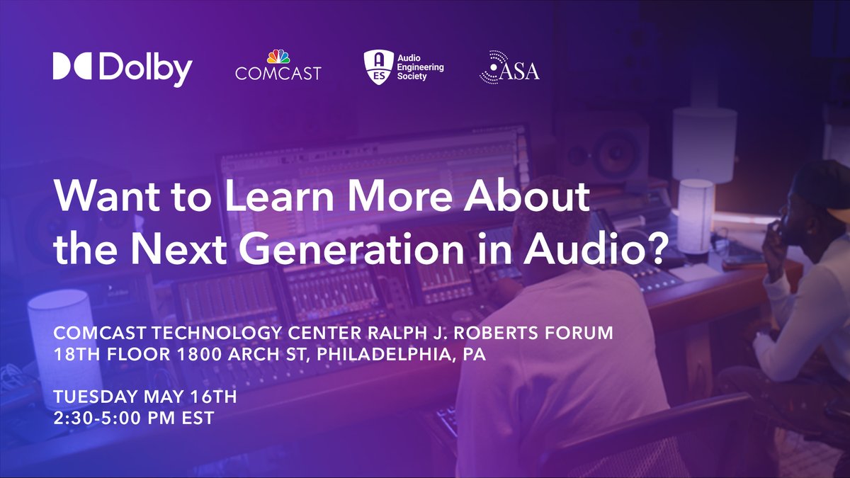 Dolby's tweet photo. Join us in Philadelphia w/ @AESorg, @acousticsorg, &amp; @Comcast to learn about #DolbyAtmos, the leading immersive audio technology, &amp; how you can deliver Dolby Atmos audio projects.
 
📅 5/16 at 2:30PM
📍 RJ Roberts Auditorium at Comcast HQ
🎟️ Register: https://t.co/3as4JVmyq9 https://t.co/XwHm1uUQ9K