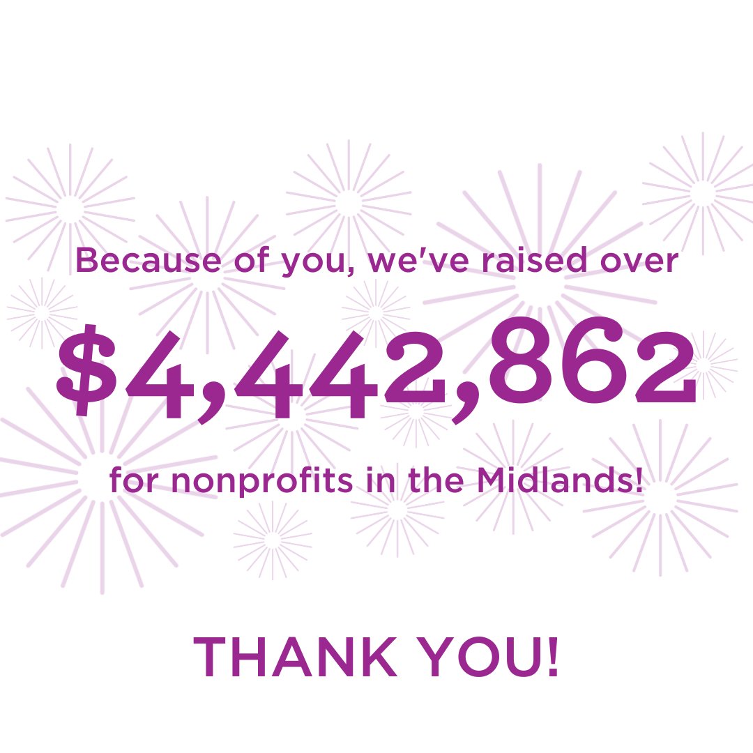 THANK YOU! 🎉

Yesterday, we raised $4.4 million for our local Midlands nonprofits. 21,403 individual donations were made, 568 organization received donations, and 19,109 volunteer hours were pledged! Thank you for another amazing year &amp; we can't wait to spend many more with you.