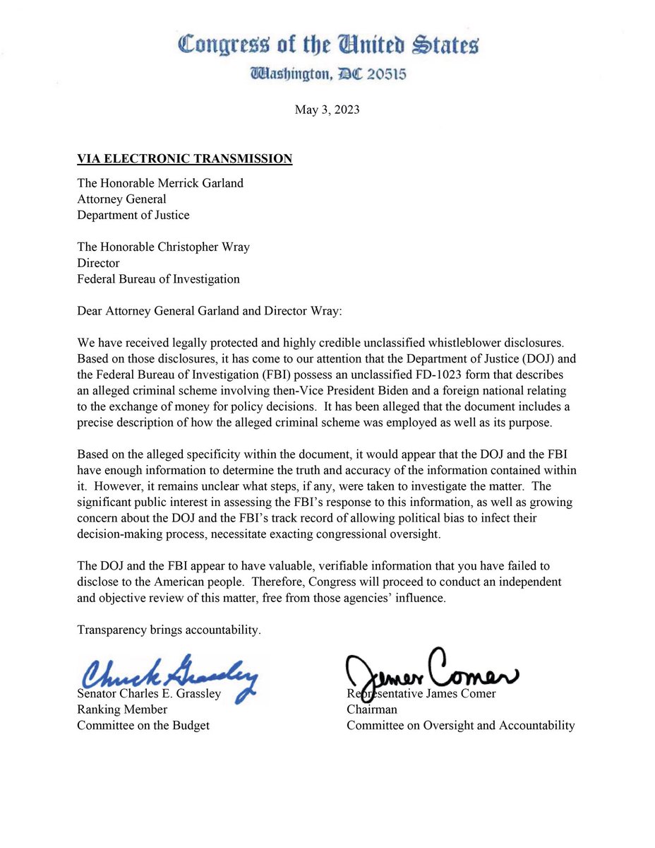 greg_price11's tweet photo. BREAKING: James Comer and Chuck Grassley allege that the FBI is in possession of a documents showing that Joe Biden as VP committed bribery with a foreign national in exchange for policy decisions. https://t.co/LsxovvPkk0