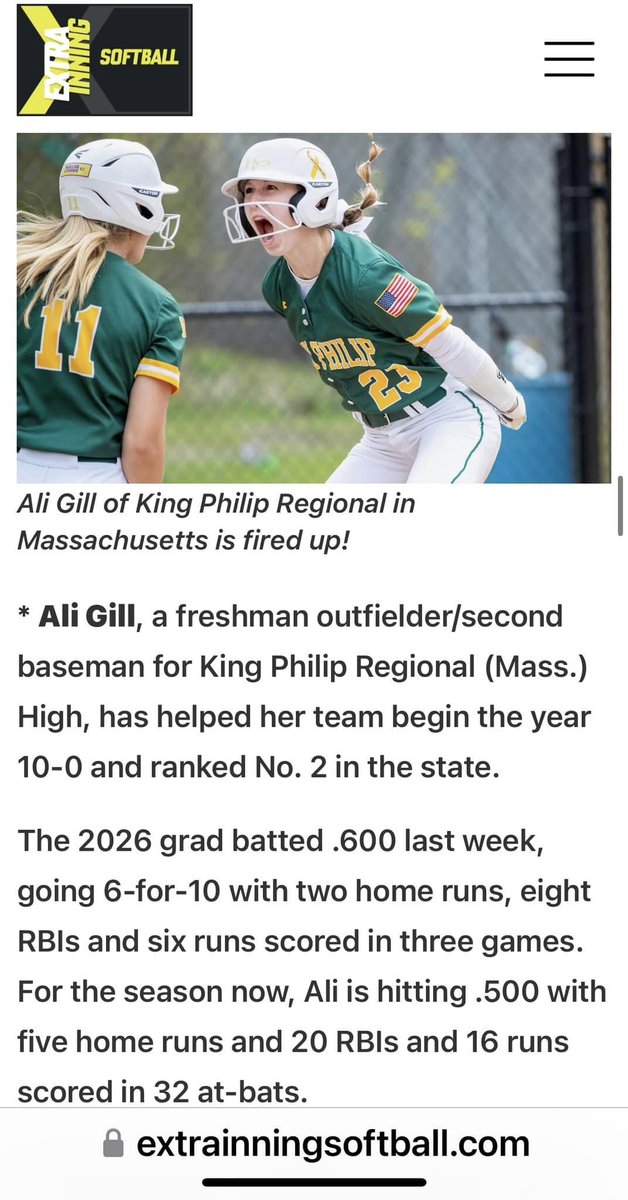 aligill2026's tweet photo. Thank you ⁦@ExtraInningSB⁩  for the honor in your National HS Player of the Week this week! So many great players! ⁦@KPHSsoftball⁩ ⁦@kphsathletics⁩ ⁦@RITG_14u⁩ ⁦@BobRossiRITG⁩ ⁦@thunderjam134⁩ ⁦@BrenttEads⁩ ⁦@Los_Stuff⁩ https://t.co/8Sfhd4i7KS