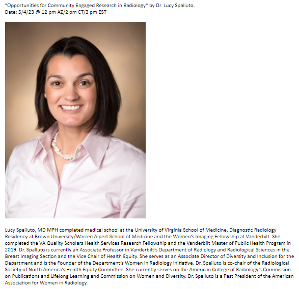 Mayo Radiology Arizona (@mayoradiologyaz) on Twitter photo Very excited to have Dr. Lucy Spalluto give tri-site <a href="/MayoRadiology/">Mayo Clinic Radiology</a> visiting lecture tmr on "Opportunities for Community Engaged Research in Radiology" to bridge health disparities that incorporate local and social context. @VUMCradiology Very excited to have Dr. Lucy Spalluto give tri-site <a href="/MayoRadiology/">Mayo Clinic Radiology</a> visiting lecture tmr on "Opportunities for Community Engaged Research in Radiology" to bridge health disparities that incorporate local and social context. @VUMCradiology