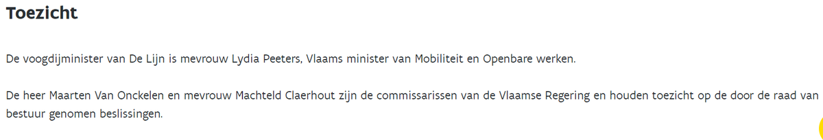 <a href="/LydiaPeeters/">Lydia Peeters</a> <a href="/ERobeyns/">Els Robeyns</a> En dan nog een klassieker van de minister: "Mevrouw Robeyns, ik heb het al gezegd: ik zit zelf niet in de raad van bestuur van De Lijn." 

De minister heeft een regeringscommissaris in de Raad van Bestuur. delijn.be/nl/content/ove…