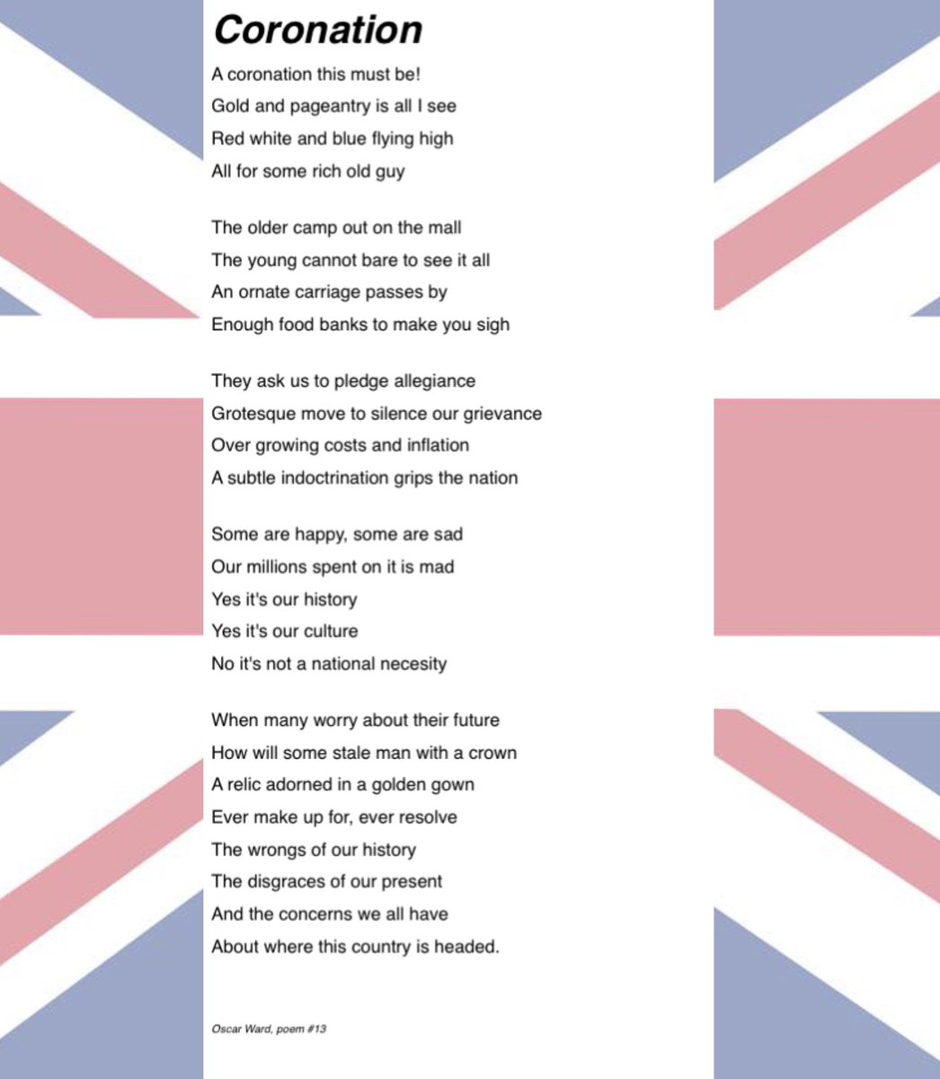 ChameleonPoetry's tweet photo. ‘Coronation’ 
Whilst it may be over this time next week, the problems many of our population face will still persist. 

#poetry #coronation #youngpoets #youngwriters #poemoftheday #AbolishMonarchy #KingCharlesIII https://t.co/sIrcB77frG