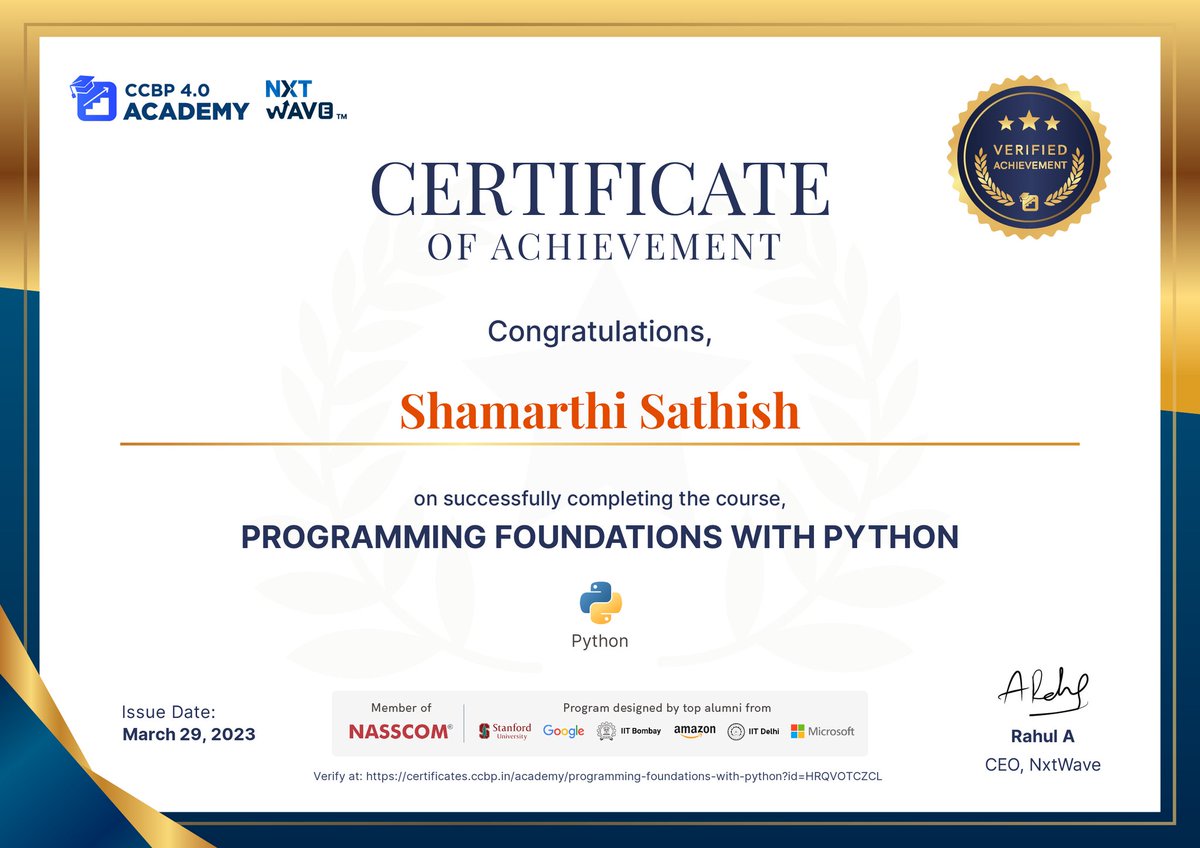 Ssathish1523's tweet photo. Hello Everyone! 
i have received a python course completaction certificate. 

Link:-
 https://t.co/tkBxiQZ8cx

thanks to rahul Attluluri sir
@rahulattuluri 
#nextwave #ccbpian #achievement #python #pythondevelopers #programming https://t.co/a2dUmqnXfT