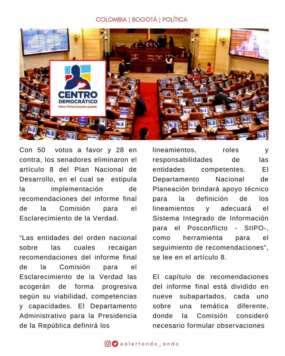 alertando_ando's tweet photo. #Noticia📰 | 𝙊𝙩𝙧𝙤 𝙚𝙨𝙥𝙖𝙡𝙙𝙖𝙧𝙖𝙯𝙤 𝙖 𝙡𝙖 𝙥𝙖𝙯
Como propuesta del Centro Democrático, y con apoyo de senadores de Cambio Radical, Jota P Hernández, Humberto de la Calle, Iván Name, Guido Echeverri, entre otros, el Senado eliminó el artículo 8 del PND. https://t.co/rMvRht5zmF