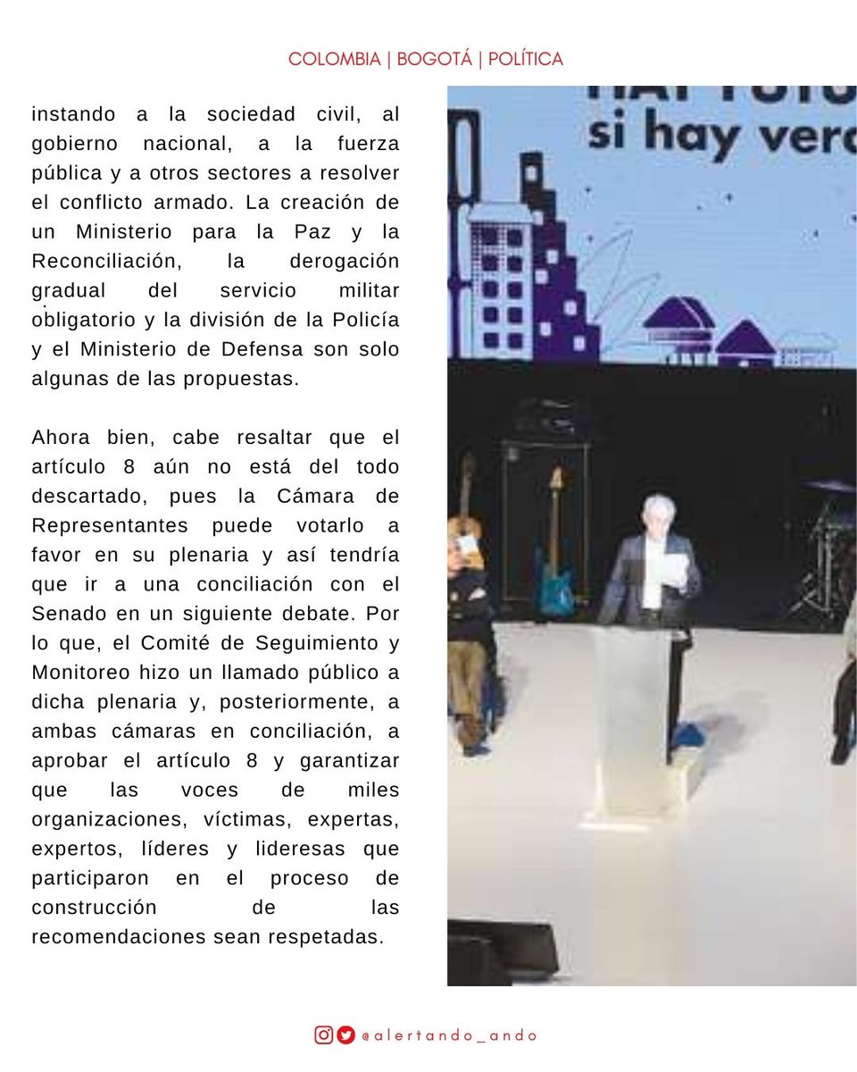 alertando_ando's tweet photo. #Noticia📰 | 𝙊𝙩𝙧𝙤 𝙚𝙨𝙥𝙖𝙡𝙙𝙖𝙧𝙖𝙯𝙤 𝙖 𝙡𝙖 𝙥𝙖𝙯
Como propuesta del Centro Democrático, y con apoyo de senadores de Cambio Radical, Jota P Hernández, Humberto de la Calle, Iván Name, Guido Echeverri, entre otros, el Senado eliminó el artículo 8 del PND. https://t.co/rMvRht5zmF
