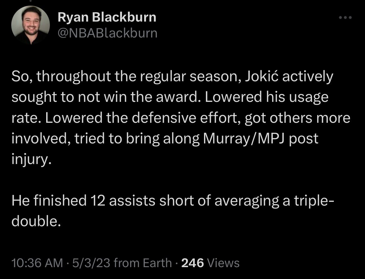 JoshReynolds24's tweet photo. “If he wanted to win MVP, he would have. He didn’t though, so he played worse on purpose so he wouldn’t win it” is the single most insane thing I’ve ever read.

The way Denver media is acting, you would never in a million years know Jokic won 2 MVP’s back-to-back. Delusional. https://t.co/w7ZoNfJfrG