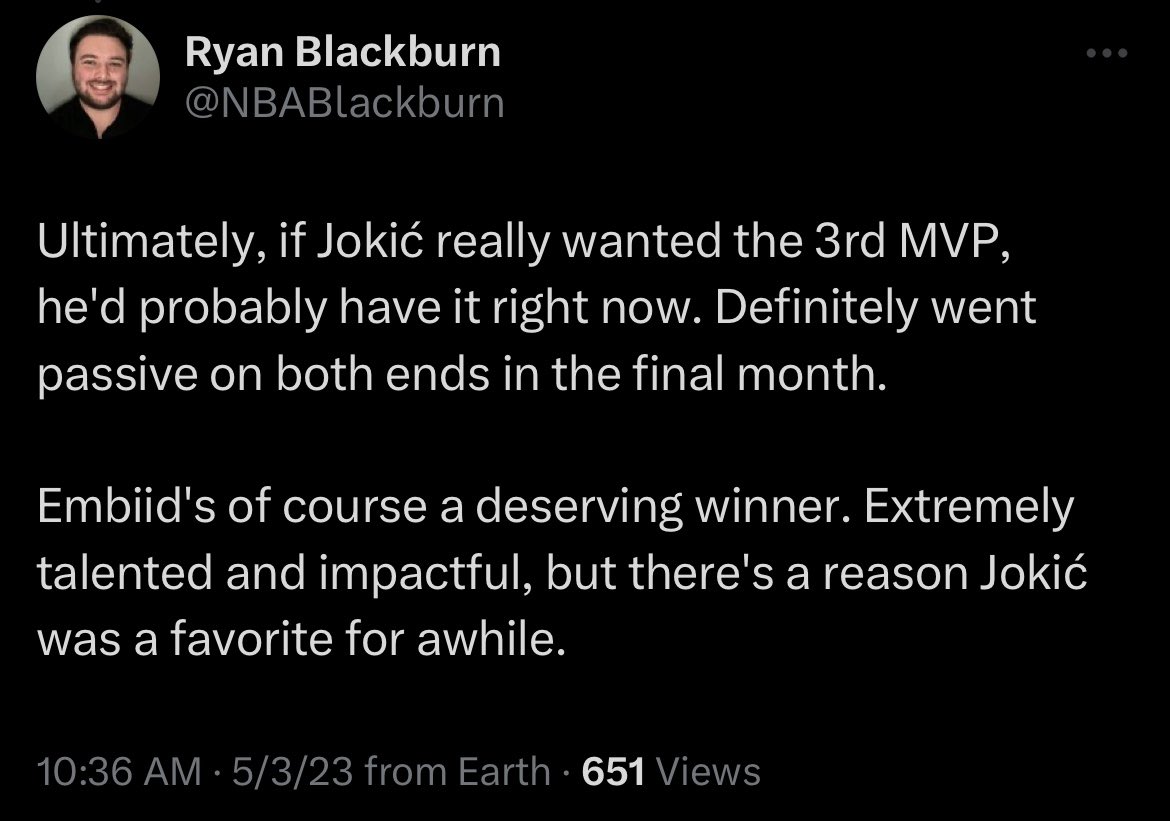 JoshReynolds24's tweet photo. “If he wanted to win MVP, he would have. He didn’t though, so he played worse on purpose so he wouldn’t win it” is the single most insane thing I’ve ever read.

The way Denver media is acting, you would never in a million years know Jokic won 2 MVP’s back-to-back. Delusional. https://t.co/w7ZoNfJfrG