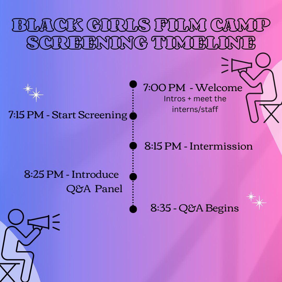 femfilmfest's tweet image. Here’s an updated timeline for the screening tomorrow night. Make sure to register through our link tree, which can be found in all of our social media bios.💜 #DavisFeministFilmFestival #DFFF2023 #WRRC #blackgirlsfilmcamp #filmscreening