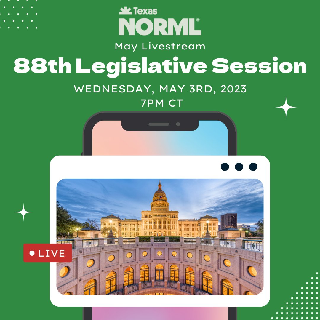 TexasNORML's tweet photo. TONIGHT at 7pm: For #TexasNORML's May stream, our Executive Director, Jax James, will give an update on the 88th Legislative Session with a segment for Q&amp;A. Watch on Facebook, YouTube, Twitter, &amp; LinkedIn. #TXLege #NORML #Texas 

Act now: https://t.co/URZ4WExAVx https://t.co/Cwwl9wRLH7