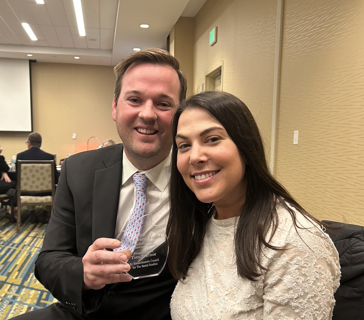 cpshistory's tweet photo. Inspiring celebration of many amazing teachers @MACouncilSocSt awards ceremony, including Tom Trainor, 8th grade teacher at Rindge Avenue @cambridge_cpsd and winner of Don Salvucci Award for Excellence in Promoting Civics, shown here with his wife, Julia, K teacher @BostonSchools https://t.co/pYDtFgn5M0