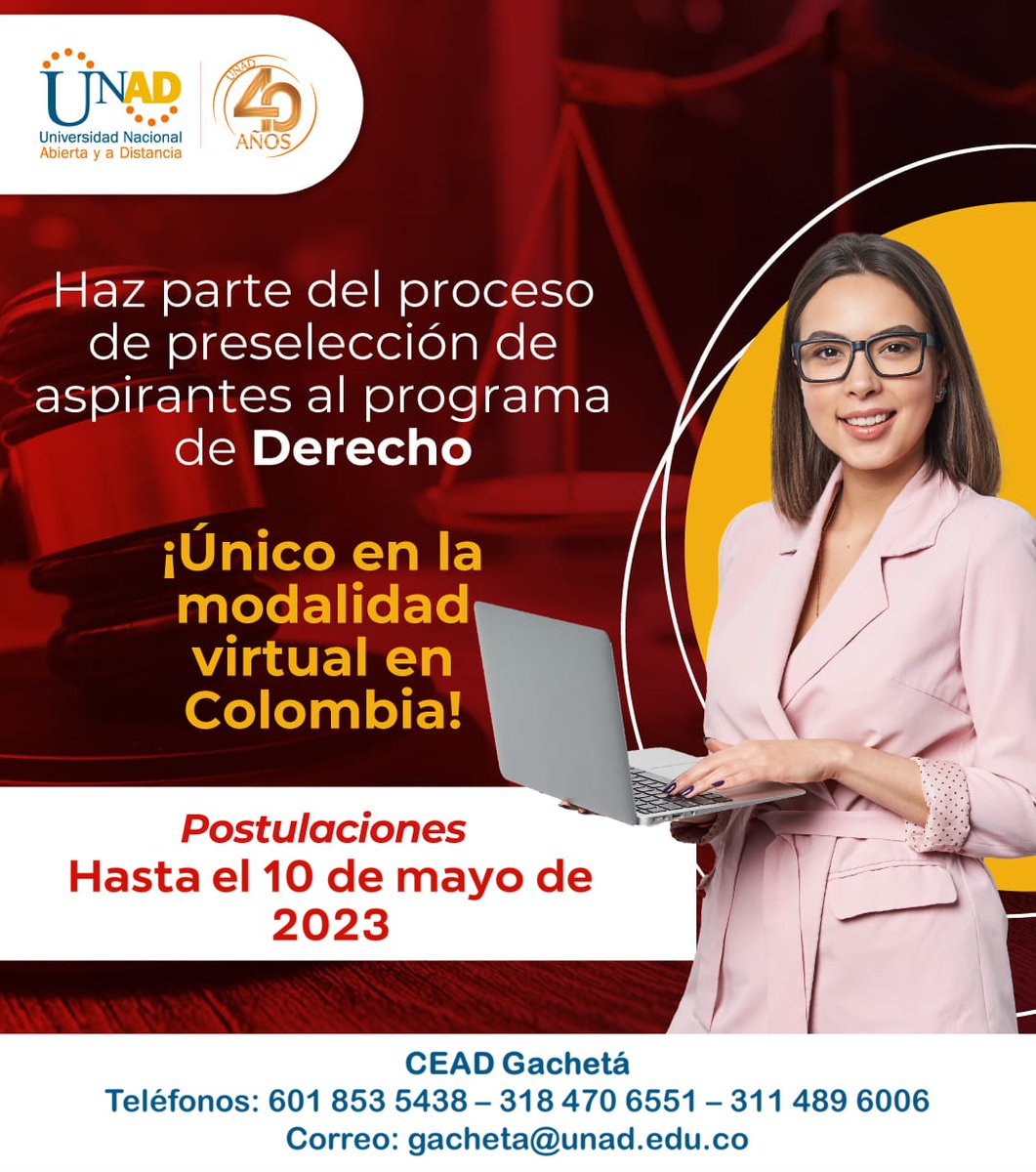 Información importante para todos los aspirantes al programa de derecho con la Universidad Nacional Abierta y a Distancia UNAD CEAD Gachetá. estudios.unad.edu.co/preseleccion-d…