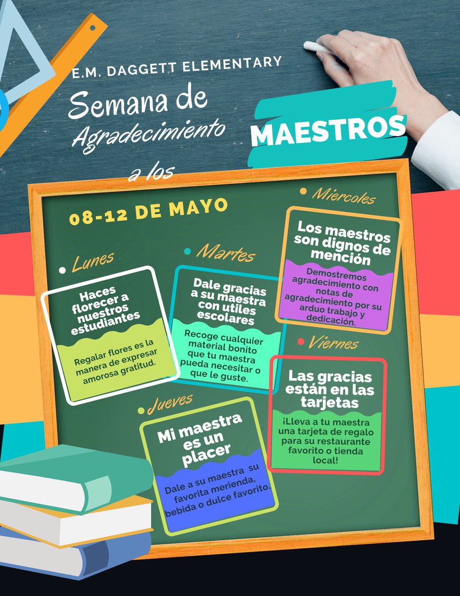 EMDaggettFWISD's tweet photo. Next week is Teacher Appreciation Week (May 8th-May12th).
Please help us in recognizing and celebrating our teachers! 🤗
Here are some optional ideas that you can use to show your appreciation towards your child's teacher. 🧡 https://t.co/yPDjfCepFH