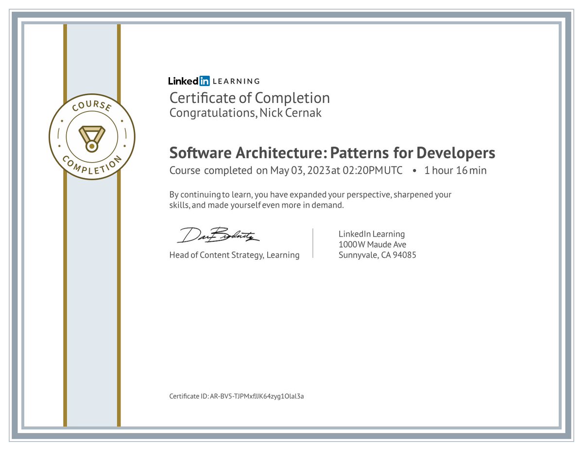 cernak's tweet image. This morning I finished the course “Software Architecture: Patterns for Developers” by Peter Morlion. linkedin.com/learning/certi… #CernakCOC #softwaredesignpatterns