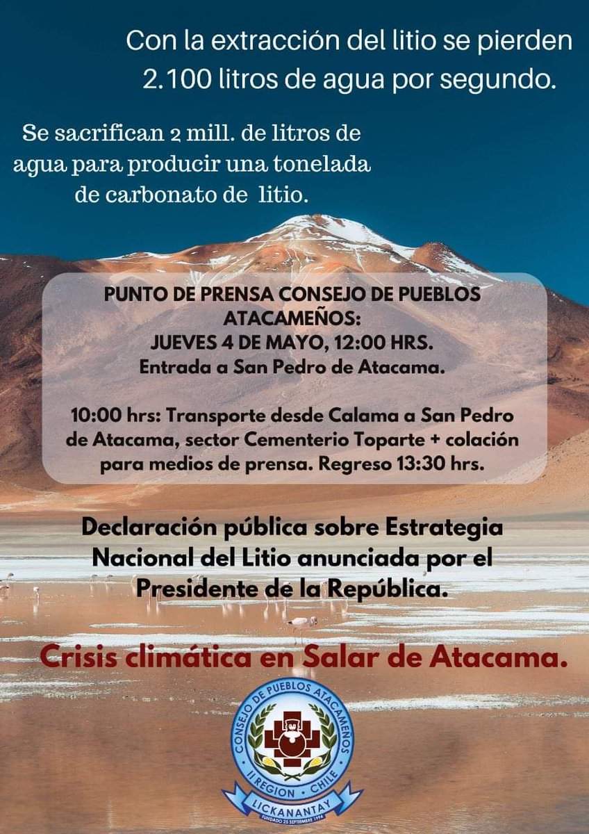 criordor's tweet photo. Consejo de Pueblos Atacameños @CP_Atacamenos convoca a conferencia de prensa mañana jueves 4 a las 12:00 h en entrada de San Pedro de Atacama #litio #salares #Antofagasta #Calama https://t.co/SciJgliYK7