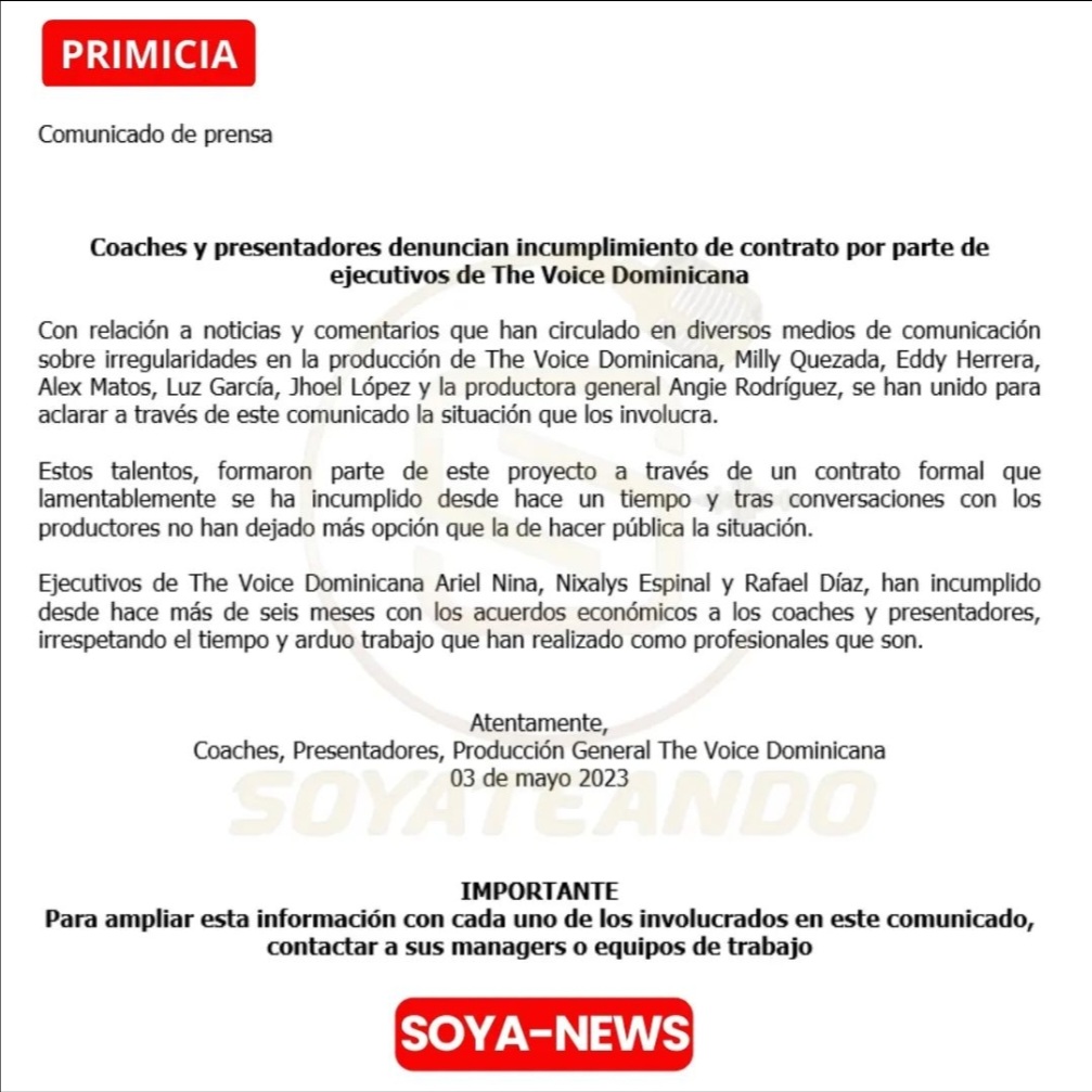soyateando's tweet photo. 🚨➡️Coaches y presentadores denuncian incumplimiento de contrato por parte de ejecutivos de The Voice Dominicana 
#thevoicedominicana #inclumplimiento #coaches #primicia https://t.co/J4EAogPvXh
