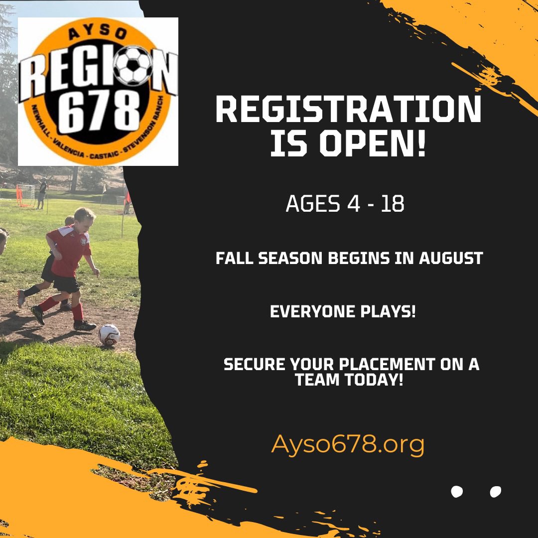 AYSO678's tweet photo. Make sure to secure your spot on a team! Open registration for the Fall season ends May 31st! Practices begin August 1st. Come play with us! #ayso678 #fallsoccer #openregistration #everyoneplays #comeplaywithus #santaclarita https://t.co/a8mkwnoN33