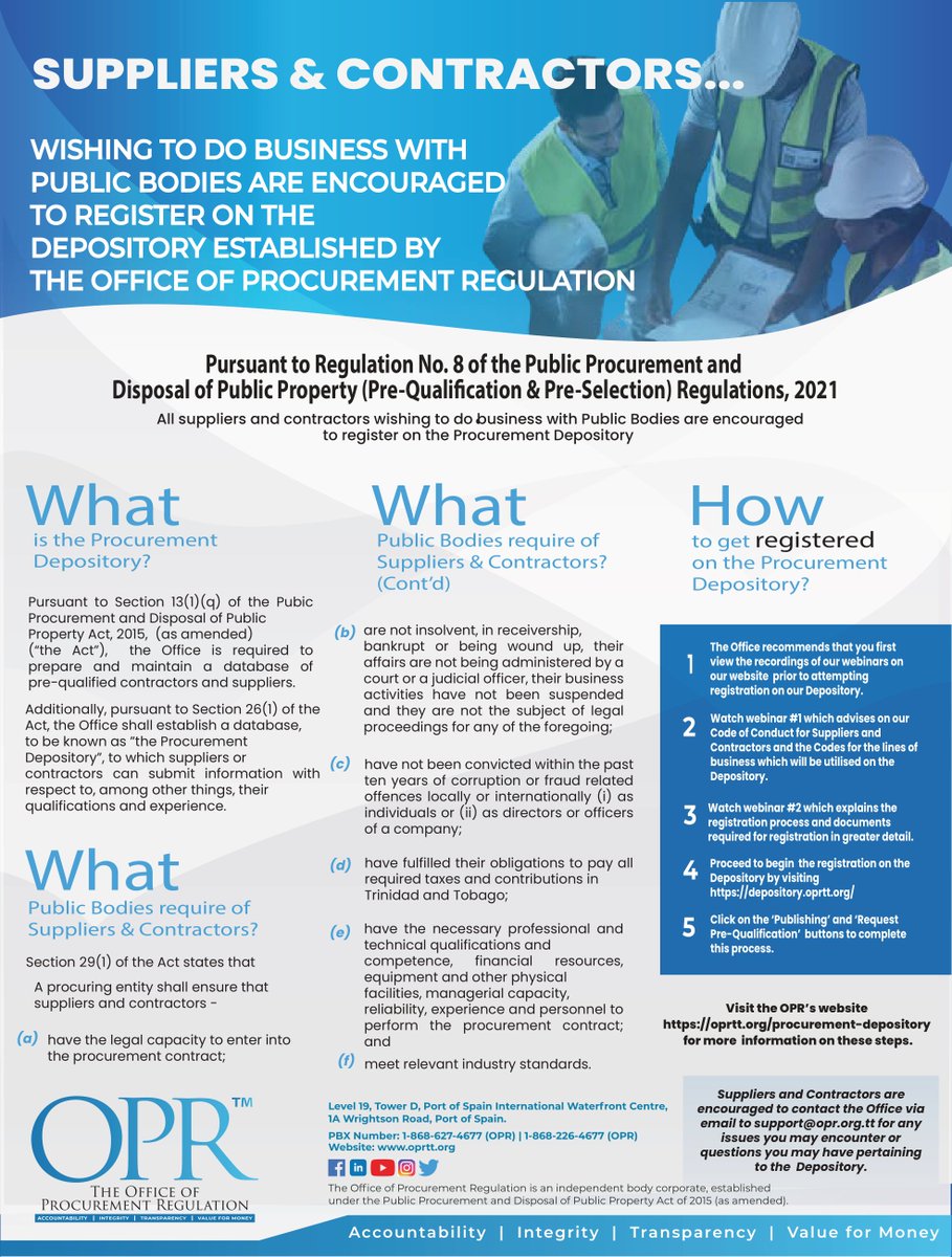 TheOPRTT's tweet photo. 📡Calling all Suppliers and Contractors!

Do you wish to do business with Public Bodies? Then you must be registered on the OPR's Procurement Depository.

✅Read the guided steps below, then visit https://t.co/O0B92ac7k3 to get started.
I #oprtt I #procurement https://t.co/uKVNoFhN6E
