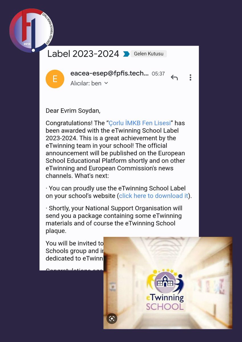 CorluFen's tweet photo. 'eTwinning Okulu Etiketi' almaya hak kazanan okulumuz Avrupa düzeyinde, eTwinning için rol model olarak tanınan okullardan biri olmuştur. @tekirdagmem  @CorluMem https://t.co/dkuymDMHSn