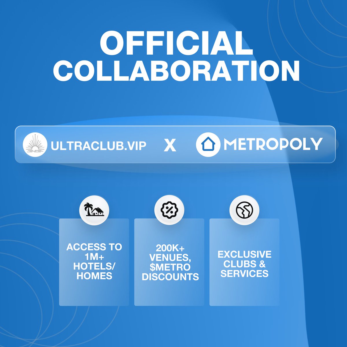 metropoly_io's tweet photo. 🤝 Excited to announce our partnership with #Ultraclub! 🎉 Get up to 90% off luxury experiences, exclusive access for METRO holders, and much more! 🏨🍽️🌍 Don't miss out on the finer things in life! 🌟
Learn more: https://t.co/u06eedu6oS
#Metropoly #TravelDeals #LuxuryLife https://t.co/FYeFD0wITX
