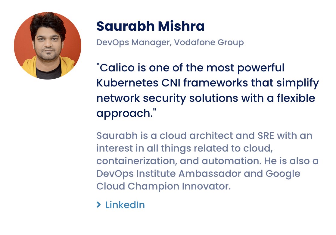 projectcalico's tweet photo. Meet our #CalicoBigCat Saurabh Mishra!
To find out more about our ambassador program checkout - https://t.co/nTpSEq1EQE
#kubernetes #community #opensource #ProjectCalico #Calico #cloudnative #Ambassador https://t.co/LGWWFPlRj6