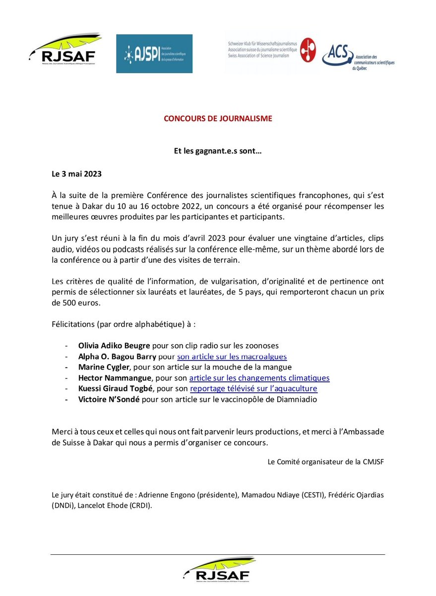 rjsaf's tweet image. 📣 Nous avons le plaisir de vous annoncer les 6️⃣ lauréat.e.s  du concours de la reportage sur la #CJSF, tenue en octobre depuis 2022 au @CESTIDAKAR .

Ils sont issus de 5 pays. Découvrez- les ici🔻

Félicitations aux confrères lauréat.e.s😍