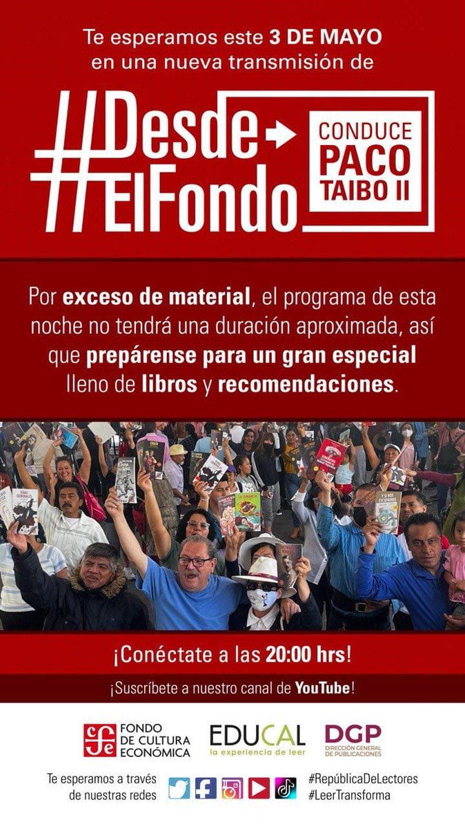 No se pierdan #DesdeElFondo, hoy en punto de las 20:00 hrs. 🥳👇

#ActividadesLúdicas #LeerTransforma #RepúblicaDeLectores #ProgramaNacionalSalasDeLectura #ComunidadesLectores #SalasDeLecturaCDMX #CDMX