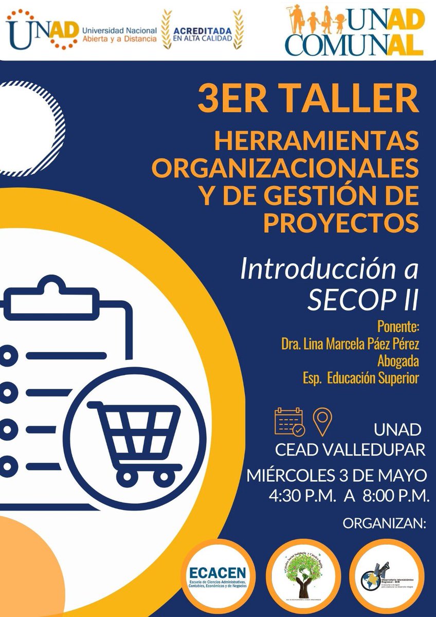 El OIR de las Regiones UNAD (@eloirdelaregion) on Twitter photo #SISSUZCAR <a href="/UnadValledupar/">UNAD Valledupar</a>
En el marco del PTS UNAD Comunal, se realizará un ejercicio práctico de formación a los líderes, con una nueva herramienta organizacional para gestionar sus proyectos: SECOP II Mayo 3 4.30pm Presencial.
Los esperamos!!!@MariangelLinan #SISSUZCAR <a href="/UnadValledupar/">UNAD Valledupar</a>
En el marco del PTS UNAD Comunal, se realizará un ejercicio práctico de formación a los líderes, con una nueva herramienta organizacional para gestionar sus proyectos: SECOP II Mayo 3 4.30pm Presencial.
Los esperamos!!!@MariangelLinan