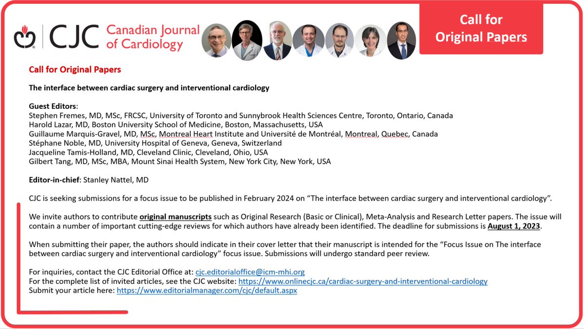 📢 CJC is seeking submissions of original research papers for a February 2024 focus issue on 'The interface between cardiac surgery and interventional cardiology'. Deadline is August 1, 2023. For more information, see 👉 onlinecjc.ca/cardiac-surger…