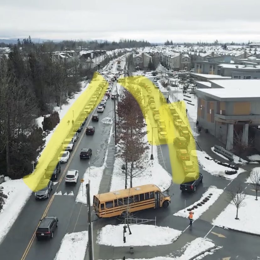 The cars highlighted yellow are carrying ~50% the capacity of students of the school bus.