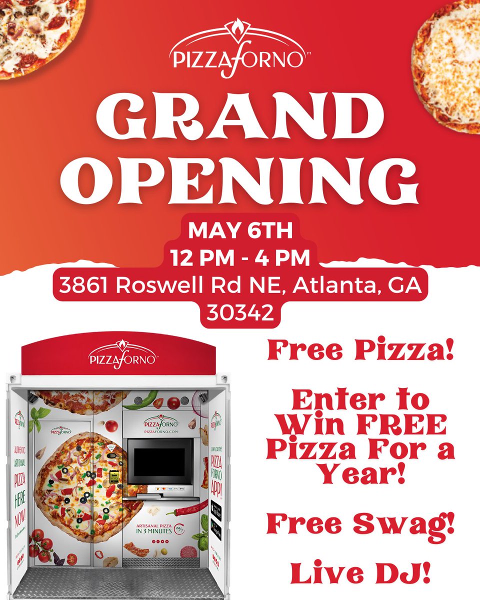 Thepizzaforno's tweet photo. Atlanta 🇺🇸🍕
Grand Opening happening this Saturday, May 6th! 🎉
⏰ From 12pm - 4pm

📍3861 Roswell Rd NE, Atlanta, GA, 30342

🍕Enjoy Free Pizza!
🗳Enter to Win Free Pizza For a Year!
🎉Free Swag!
🎧Live DJ!

#AtlantaParty
#PizzaParty
#GrandOpening
#AtlantaParty
#Atlantapizza https://t.co/jFlKZexASc