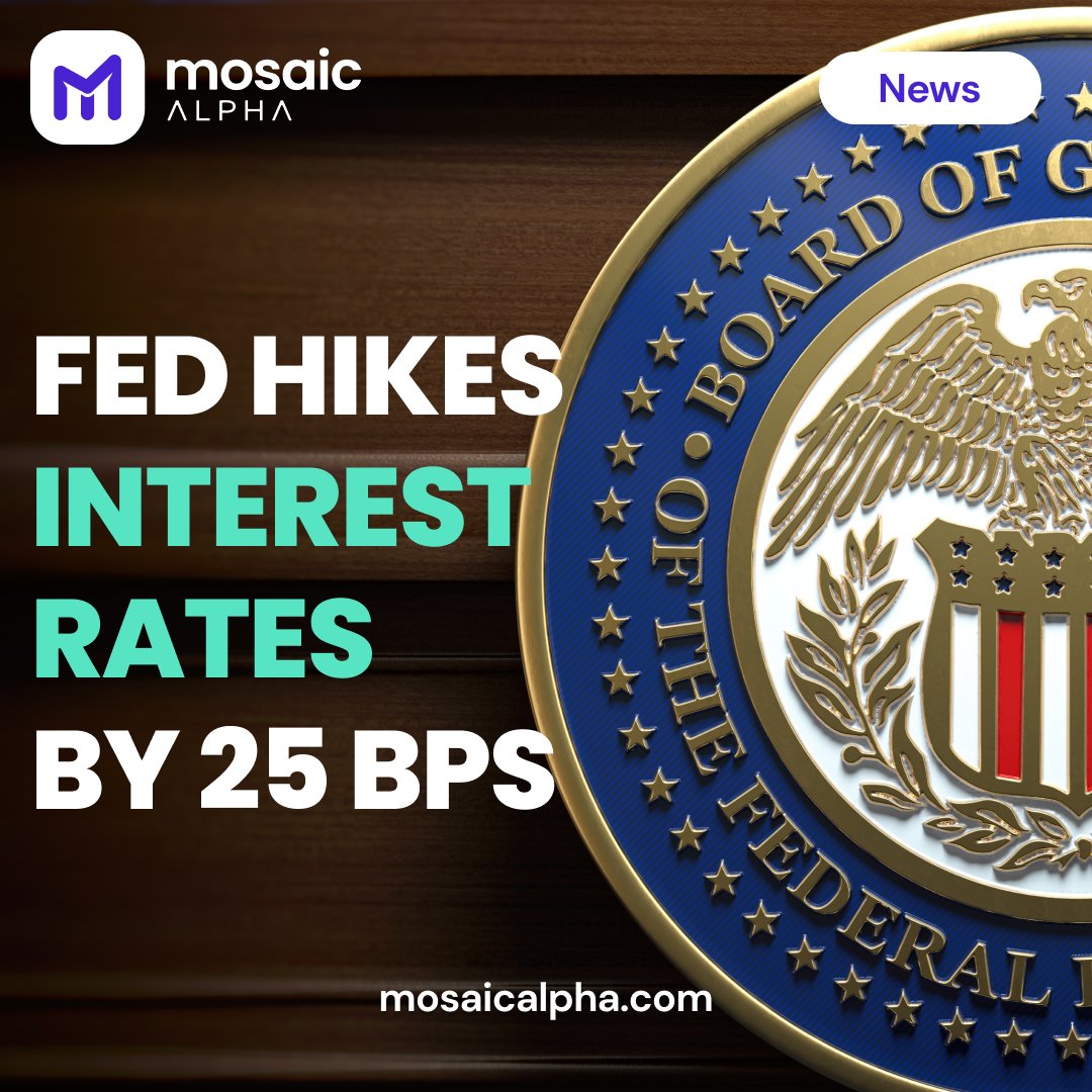 MosaicChain's tweet photo. ๐จBreaking News๐จ
Fed hikes interest rates again by 25 basis points. โฌ๏ธ
Further interest rate hikes could deepen the ongoing crisis in the banking sector.๐ฅ
#mosaicalpha #crypto #tokenbaskets #cryptocurrency #blockchain #cryptomarket #bitcoin #fed #usa #interestrates https://t.co/xfCgrtHqsj