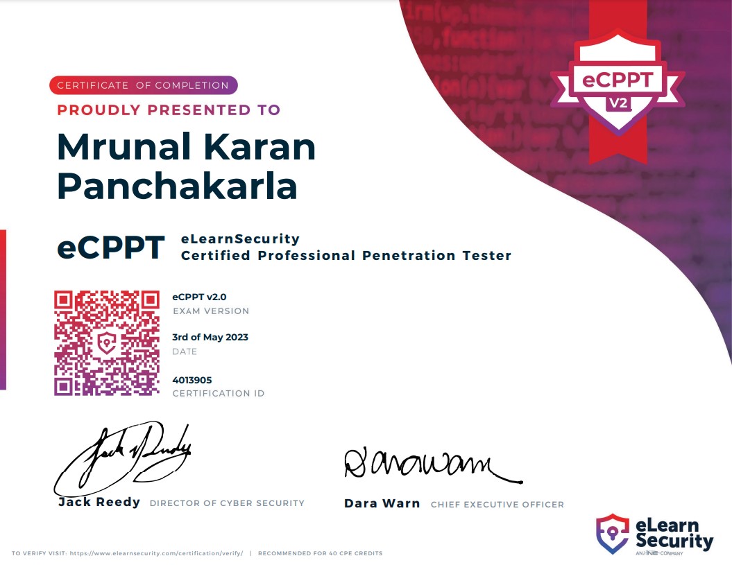 K4R4NX's tweet photo. I am Excited to share that I've passed the @eLearnSecurity  eCPPT Certified Professional Penetration Tester exam! 

Big thanks to my friends and the community for their invaluable support and resources. #eCPPT #Cybersecurity #infosec https://t.co/rYI0F9IdH0